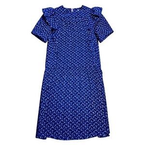 VINTAGE CHARLEE ALLISON NAVY BLUE & PINK FLOWER RUFFLE SLEEVE PLEATED DRESS, 5/6